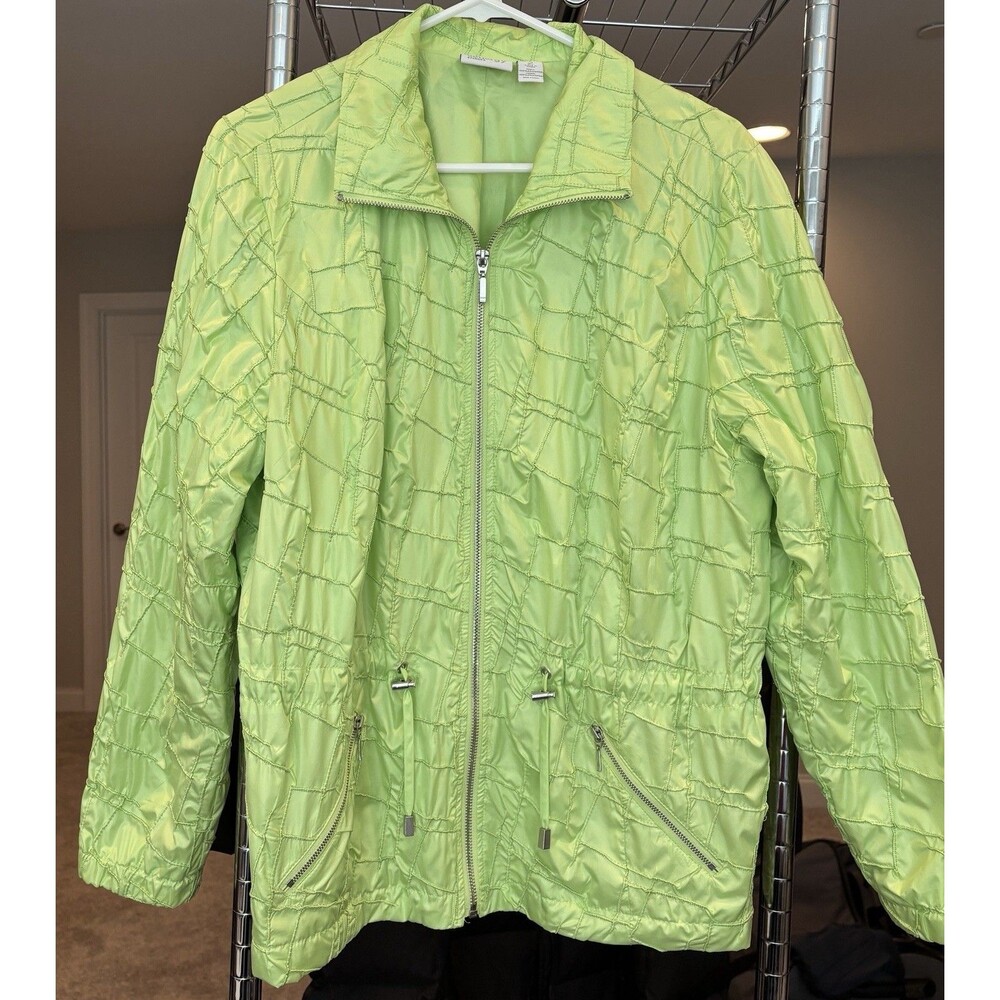 Chico's 2 Jacket Misses size large Lime Green Windbreaker Drawstring Zip Pockets